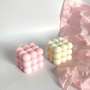 Bubble Cube Decorative Candle Set of 2 – Pink & Ivory, Handcrafted Soy Wax, Vanilla Scent, Modern Aesthetic for Home Decor & Gifting
