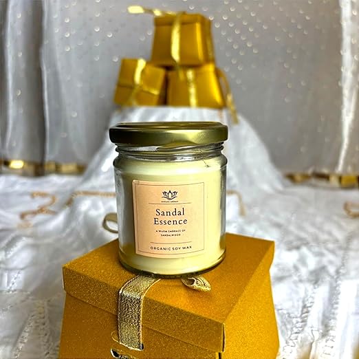 Glass Jar Candle - Mogra Scent, Organic Soy Wax Scented Candle, 200 Ml Glass Jar with Gold Lid (Sandalwood)