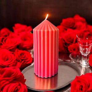 Fluted Pillar Candle – 15 cm Coral Pink Ribbed Design, Lavender Scented, Elegant Soy Wax Candle for Home Decor & Gifting