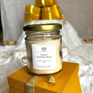 Glass Jar Candle - Mogra Scent, Organic Soy Wax Scented Candle, 200 Ml Glass Jar with Gold Lid (Vanilla)