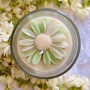 Mogra Breeze Glass Candle – Daisy Floral Top, Handcrafted with Organic Soy Wax, Ideal for Aromatherapy & Gifting (Yellow, Jasmine)