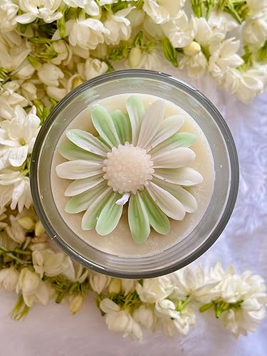 Mogra Breeze Glass Candle – Daisy Floral Top, Handcrafted with Organic Soy Wax, Ideal for Aromatherapy & Gifting (Yellow, Jasmine)