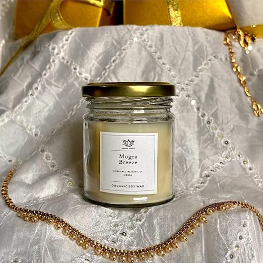 Glass Jar Candle - Mogra Scent, Organic Soy Wax Scented Candle, 200 Ml Glass Jar with Gold Lid (Jasmine)